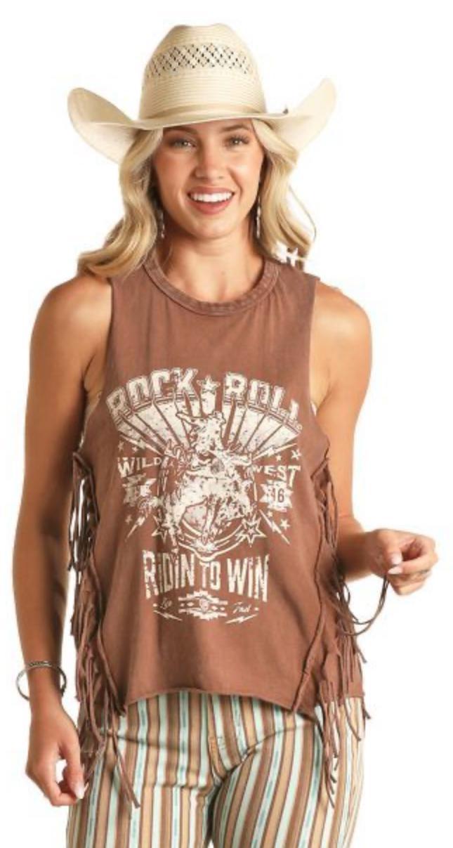 Rock and Roll Denim Chocolate Rock and Roll Women's Graphic Tank with Fringe| RRWT20R17S
