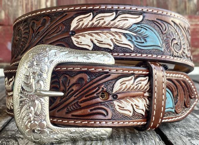 Mens belt hand carved feathers | H-01WBC