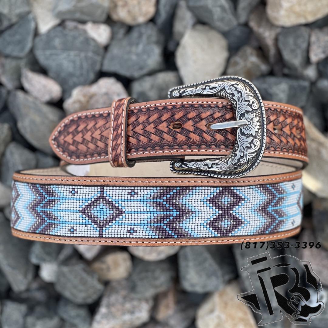 “ FABIAN “ | IRON SPUR  MEN WESTERN BEADED BELT LIGHT BLUE