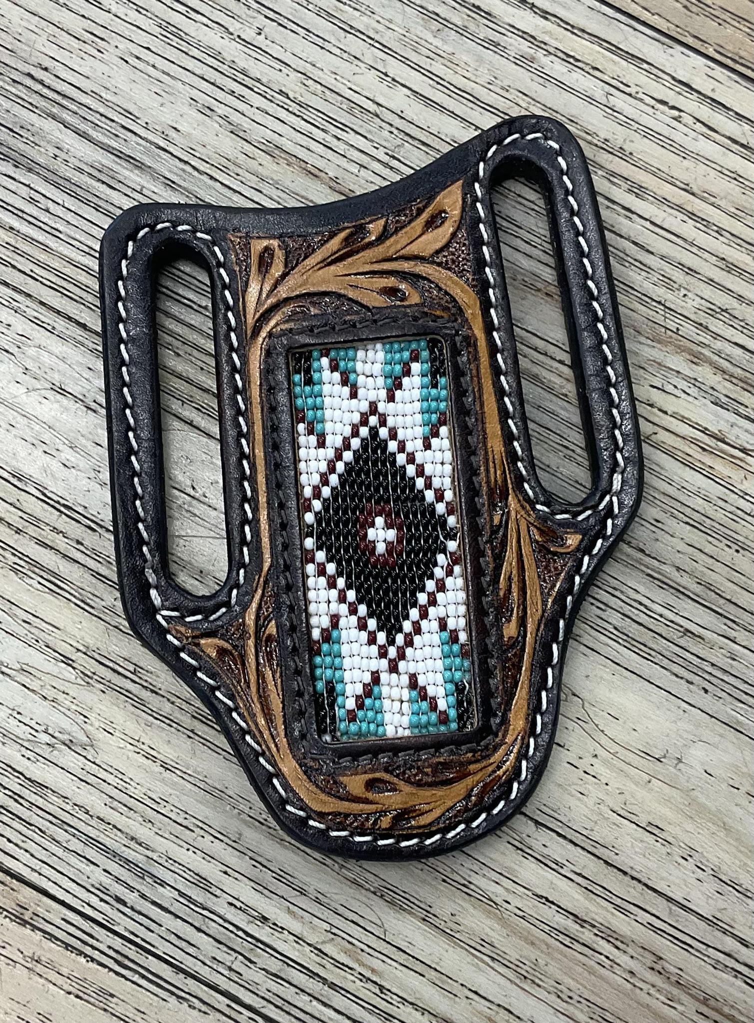 “ WALTER “ |  KNIFE SHEATH WESTERN TOOLED LEATHER  BEADED | IRON SPUR