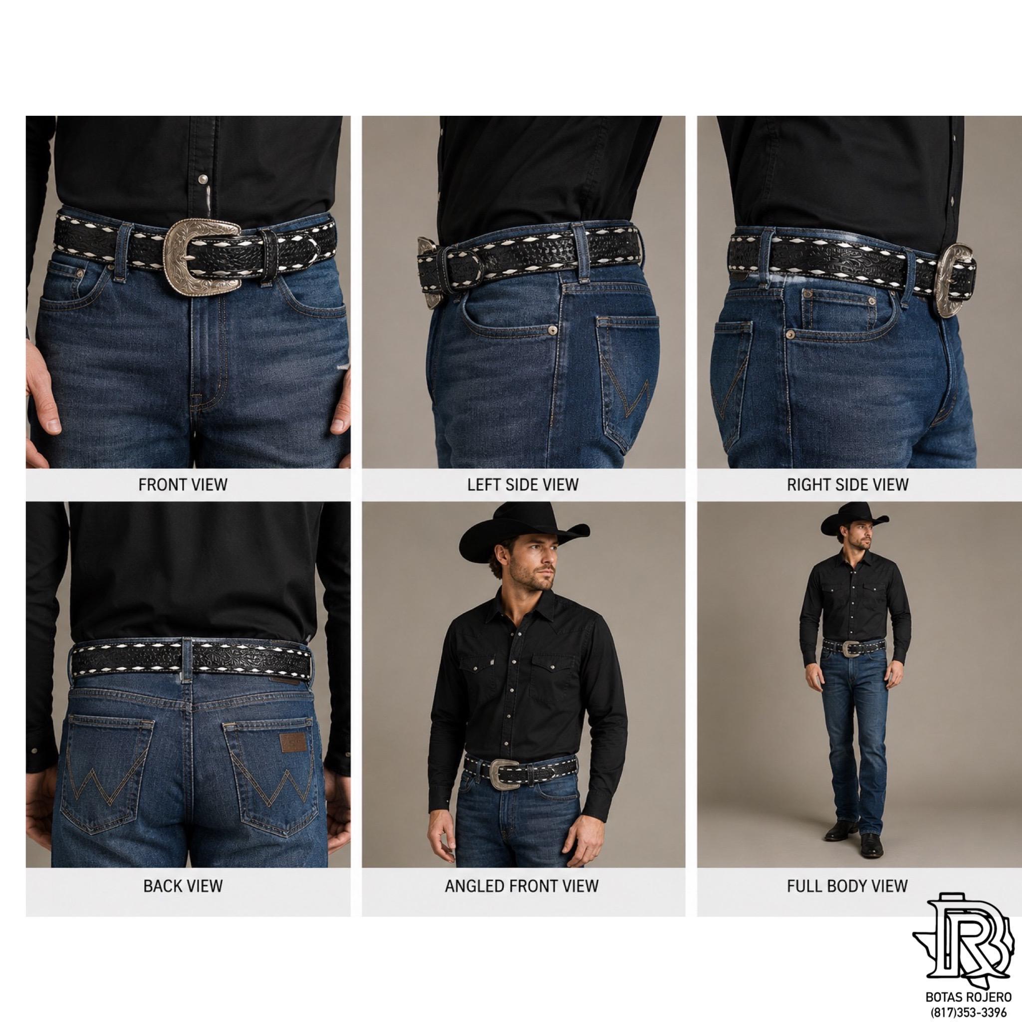 ARIAT MEN BELT BLACK BUCK STITCH TOOLED 1.75 INCH TAPPERED TO 1.5 INCH A1033001