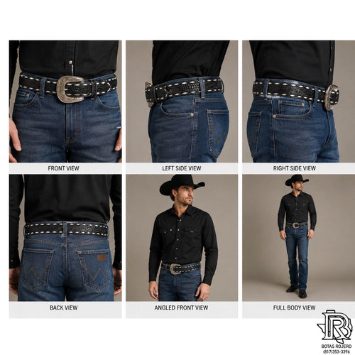 ARIAT MEN BELT BLACK BUCK STITCH TOOLED 1.75 INCH TAPPERED TO 1.5 INCH A1033001