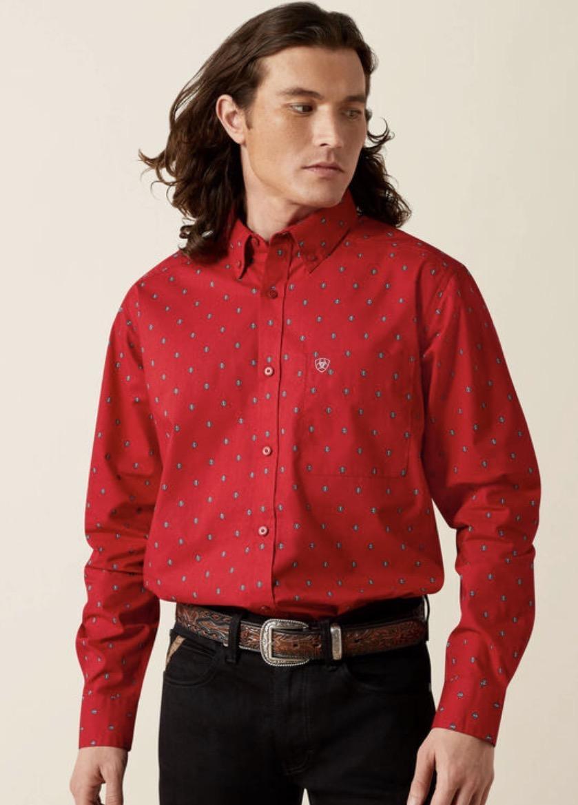 ARIAT MEN’S TRUETT FITTED RED LONG SLEEVE SHIRT | 10065847