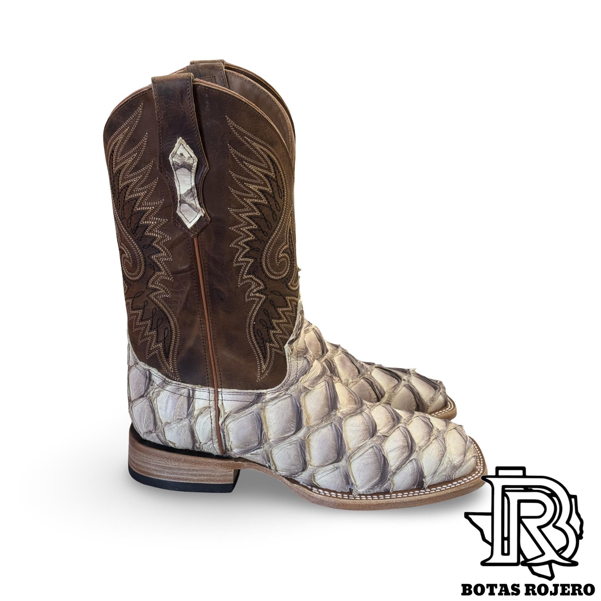 “ OSCAR “ | PIRARUCU ( FISH )  ORIGNAL SAFARI MEN SQUARE TOE WESTERN BOOTS ( LIGHT TAN ) COLOR