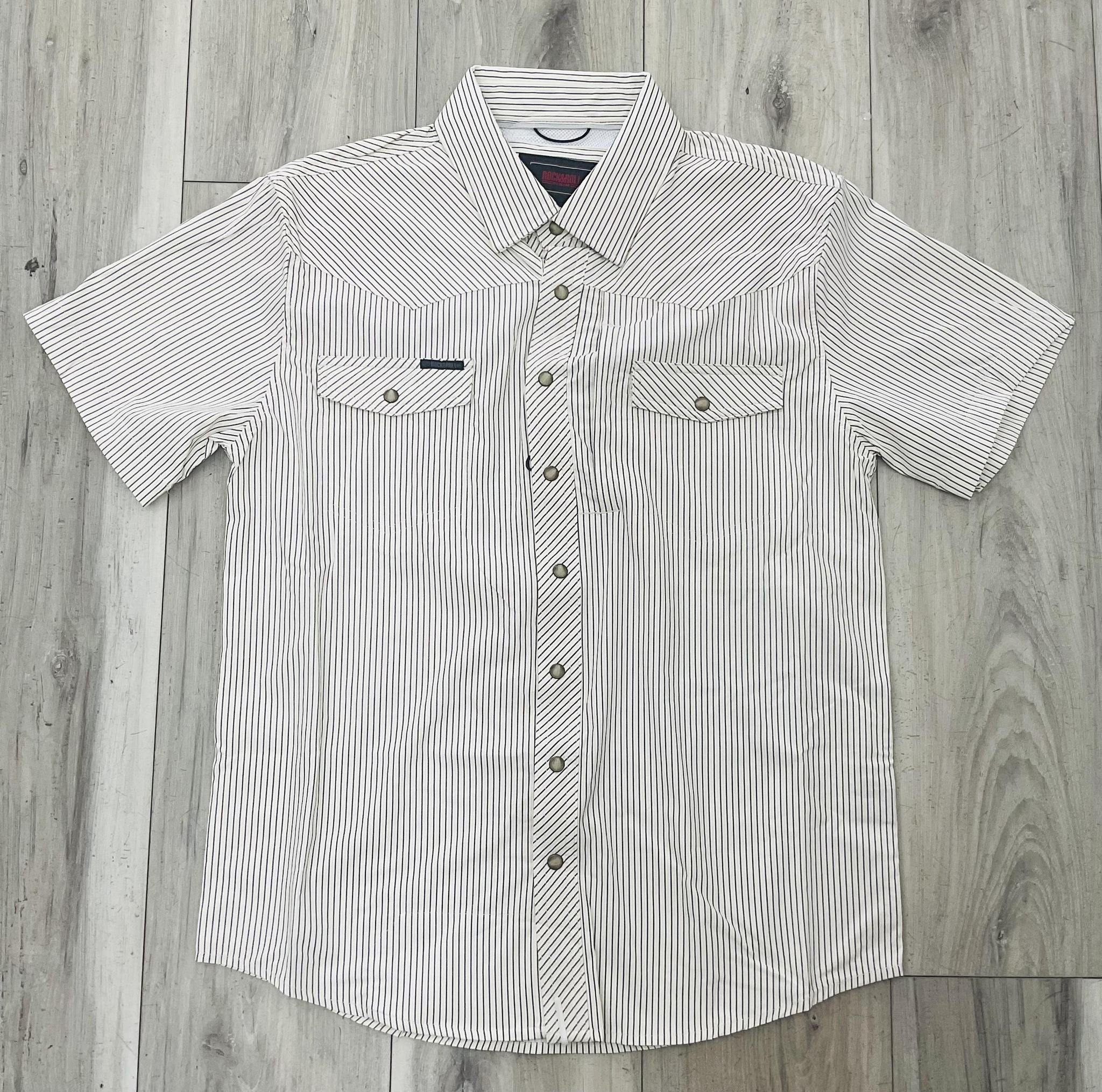 ROCK & ROLL MEN’S TEK BCORE TAN PRINT STRIPE SHORT SLEEVE SHIRT | BMN3S09907