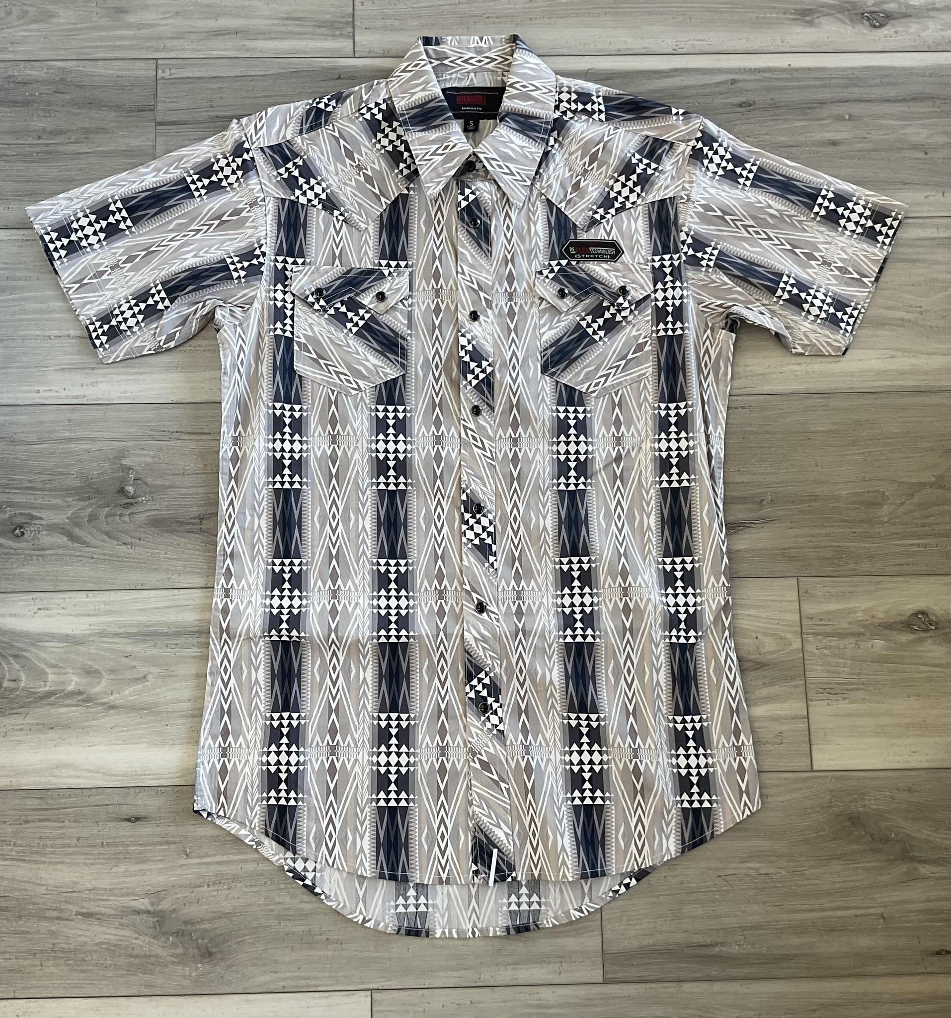 ROCK & ROLL MEN’S BLACK AZTEC PRINTED SHORT SLEEVE SNAP SHIRT | BMN3S08301