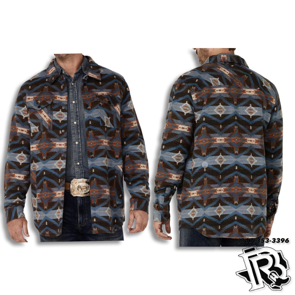 BLUE AZTEC | ROCK & ROLL JACQUARD AZTEC PRINT SNAP-DOWN SHIRT JACKET