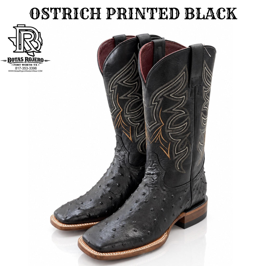 “ HUDSON “ MEN'S BLACK SQAURE TOE WESTERN PRINTED OSTRICH BOOT BY IRON SPUR