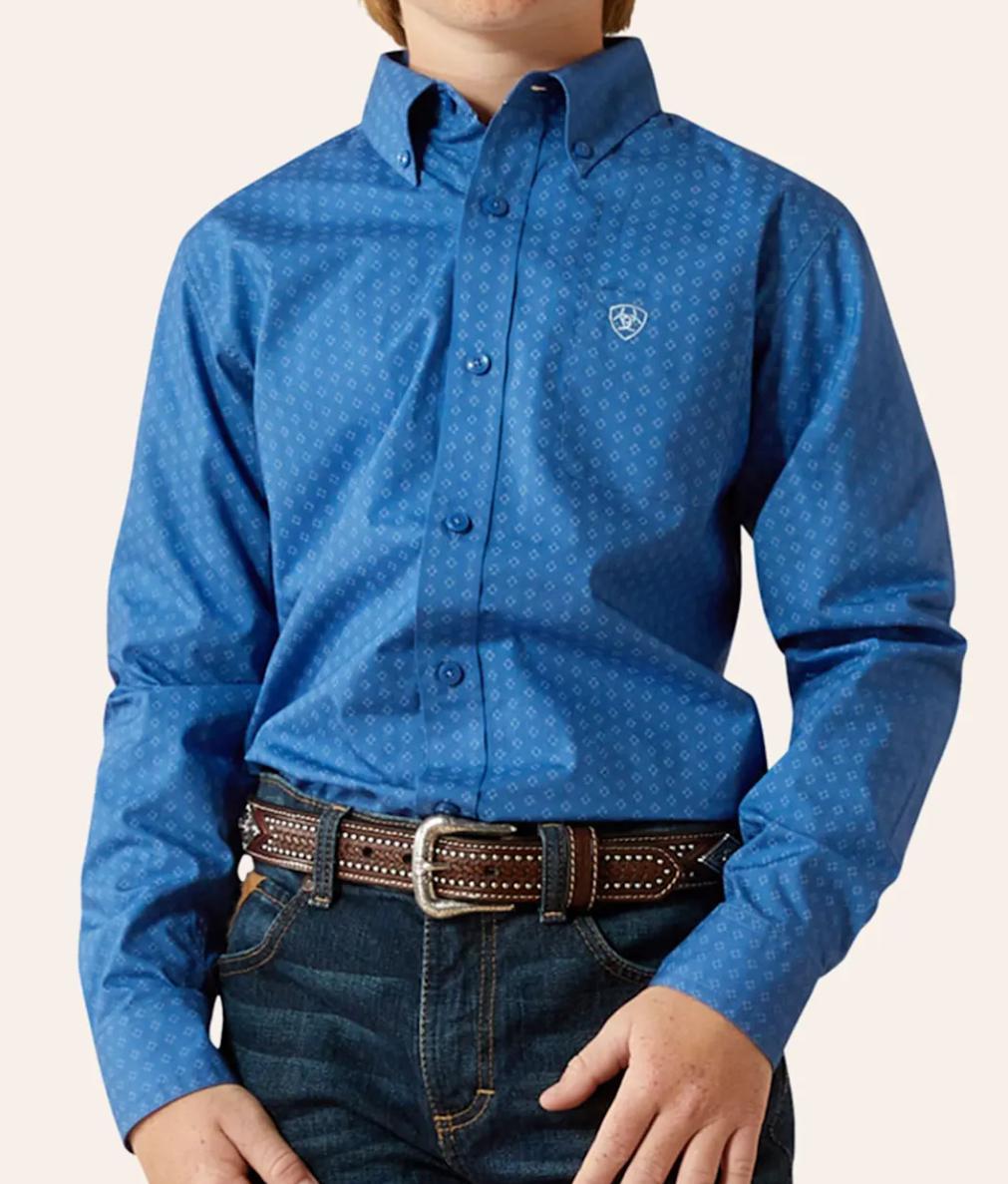 ARIAT BOY'S STRATFORD BLUE GEO PRINT WESTERN LONG SLEEVE SHIRT|10062393