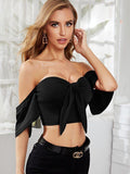BLACK OFF SHOULDER TIE FRONT CROP TOP