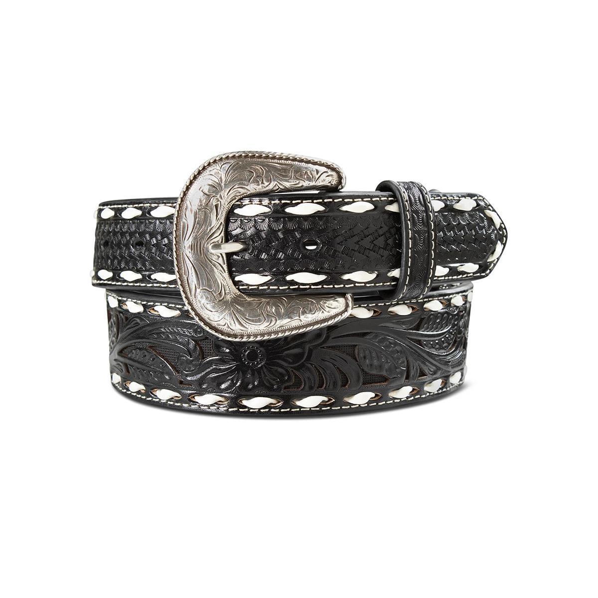 ARIAT MEN BELT BLACK BUCK STITCH TOOLED 1.75 INCH TAPPERED TO 1.5 INCH A1033001