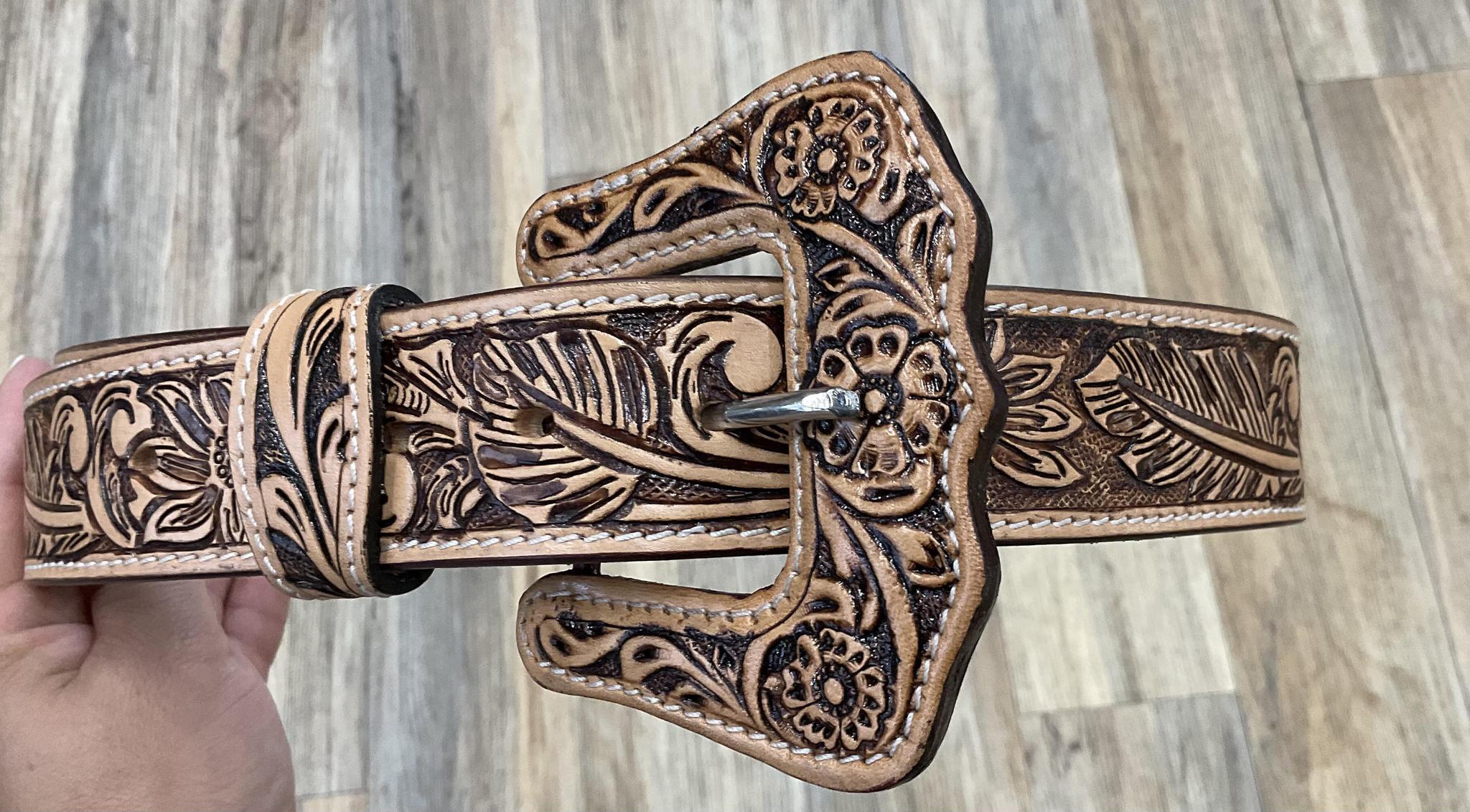 Kelly  Women’s Hand-Tooled Leather Belt – Light Brown