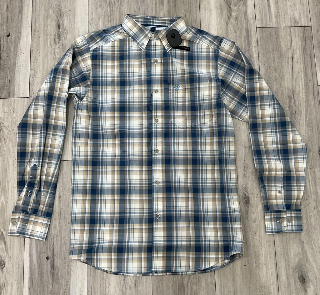 ARIAT MEN’S PRO WES FITTED SAVANNAH TAN MEDIUM PLAID LONG SLEEVE SHIRT |10079432