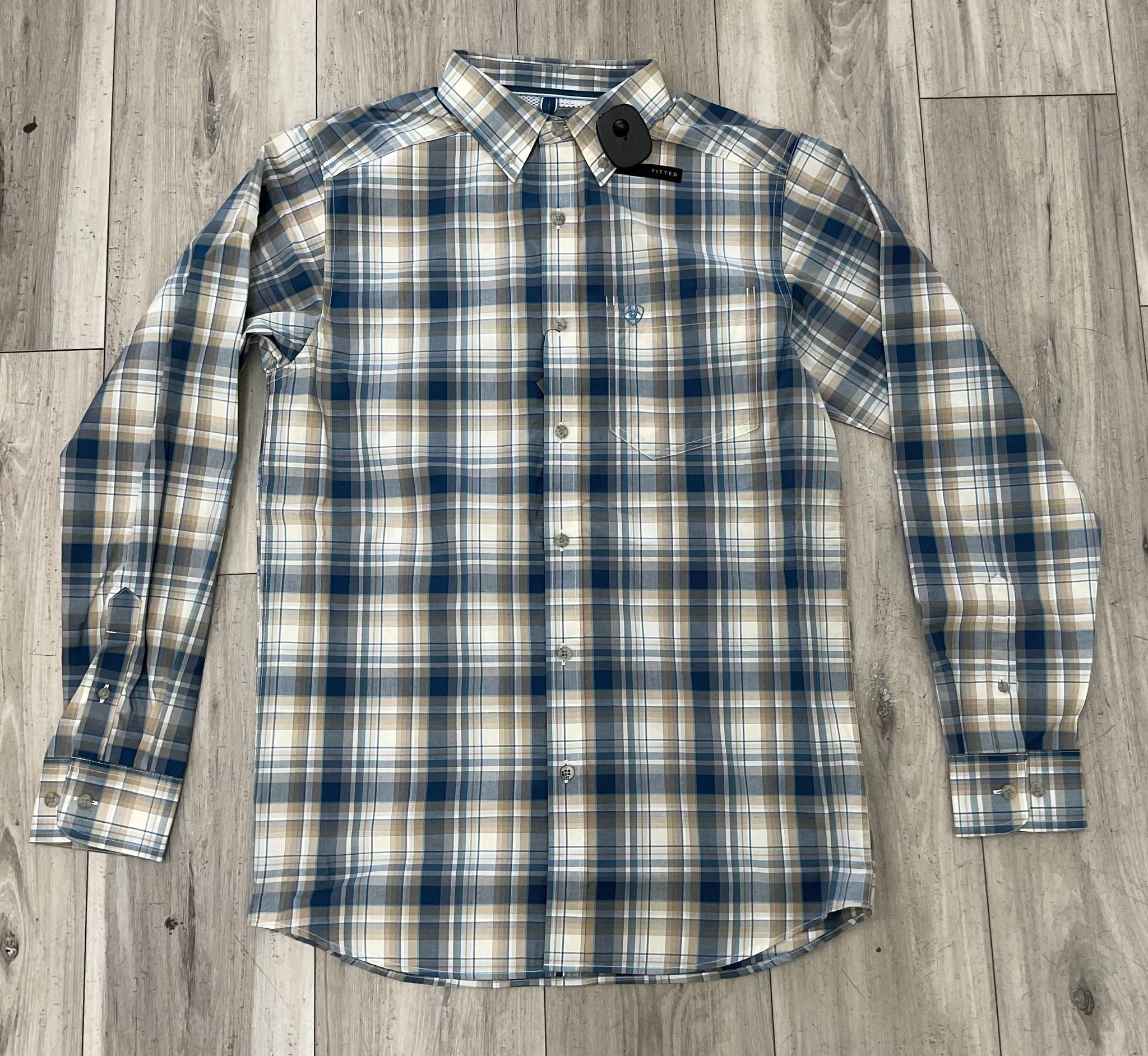 ARIAT MEN’S PRO WES FITTED SAVANNAH TAN MEDIUM PLAID LONG SLEEVE SHIRT |10079432
