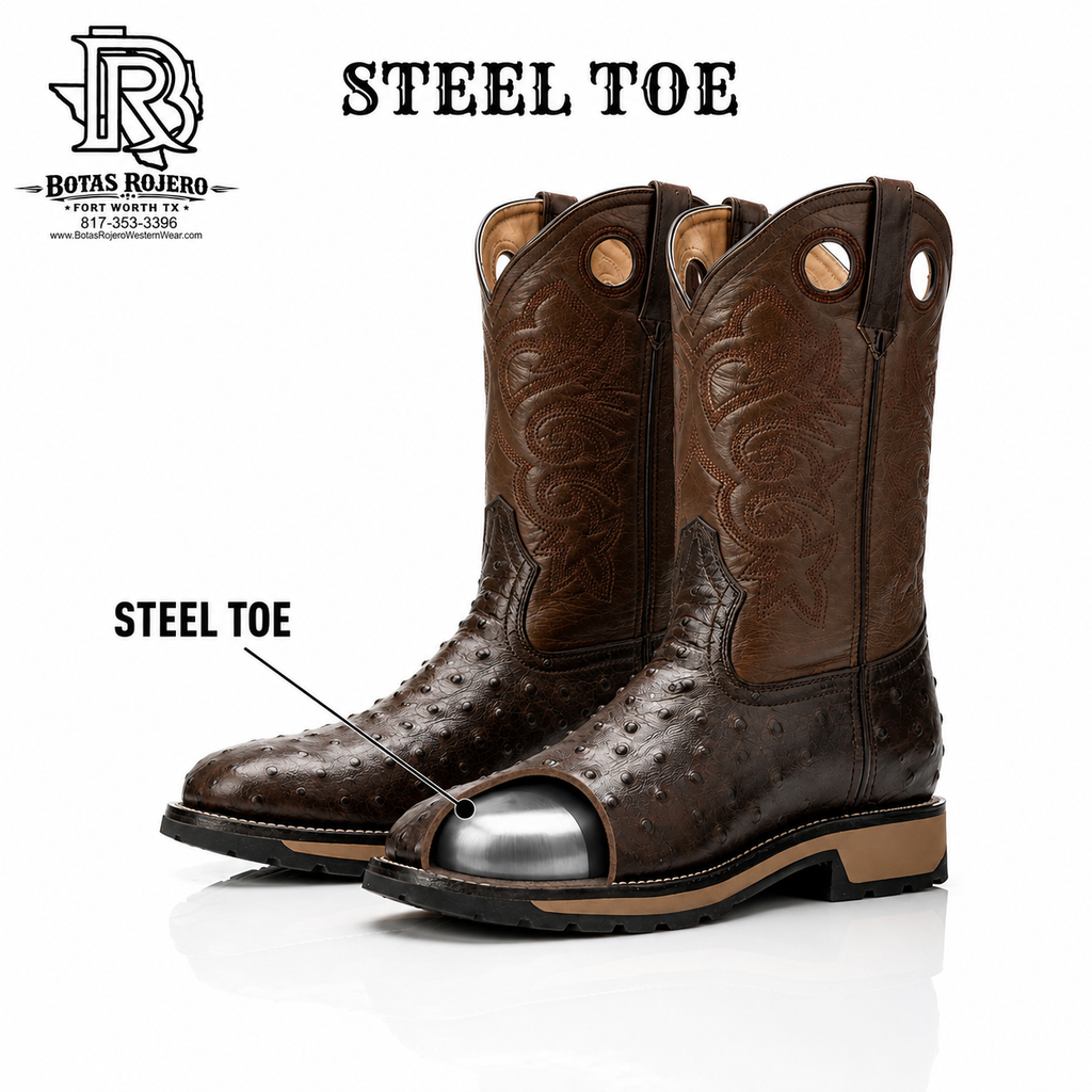 “ Ironwood “ STEEL TOE CHOCOLATE OSTRICH PRINT SQUARE TOE WESTERN WORK BOOTS