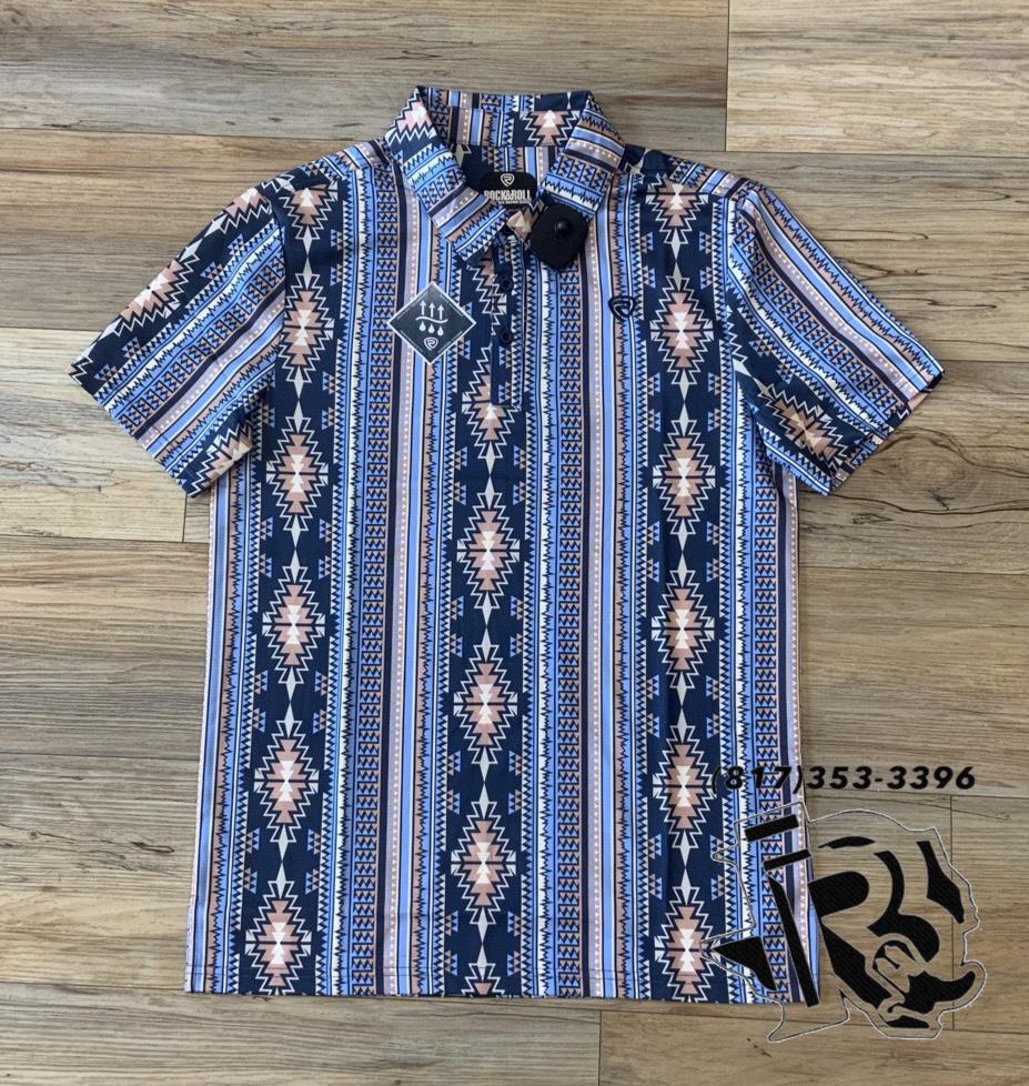 Mens aztec printed polo blue | RRMT51R16M