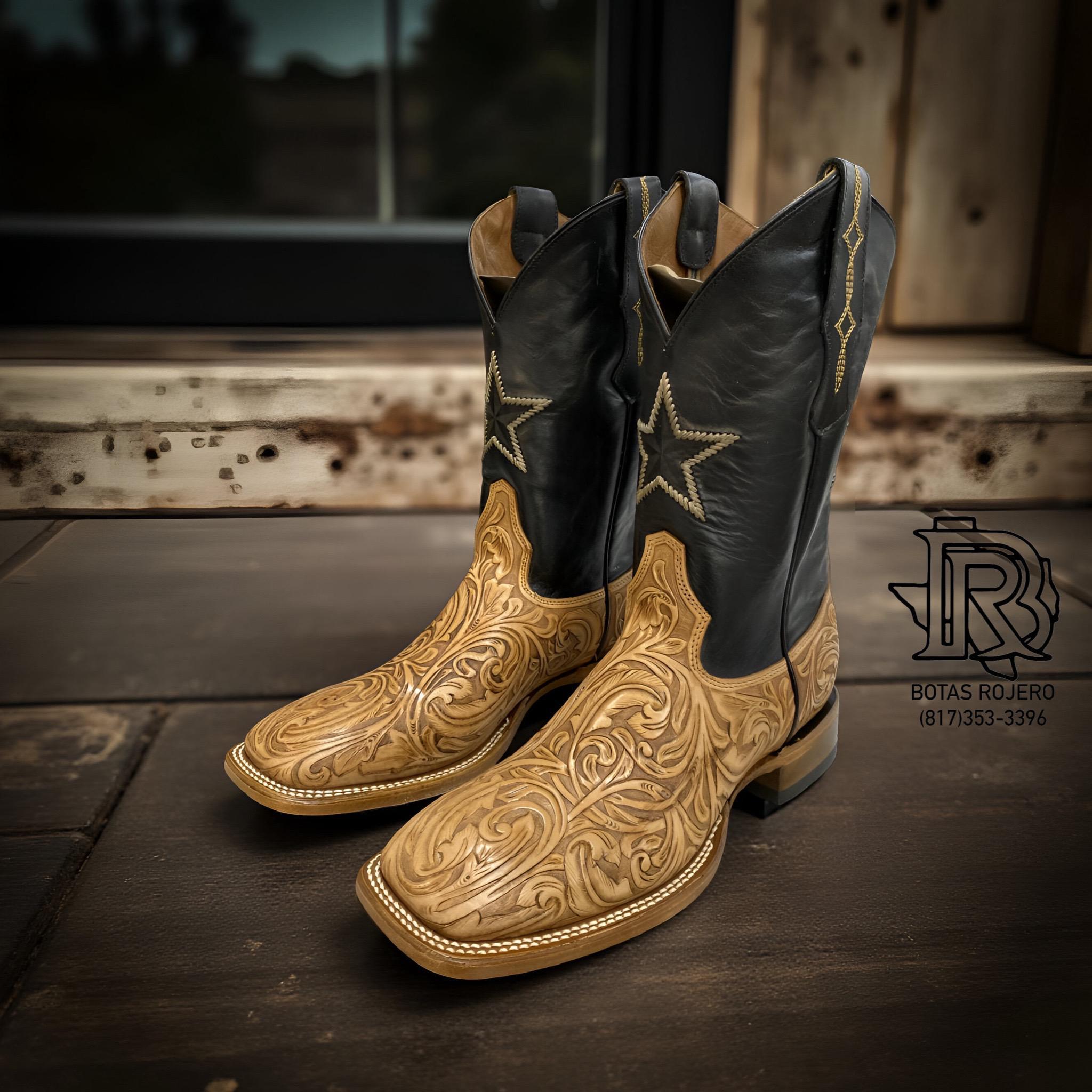 Handmade Tooled Leather Square Toe Boots – Natural Finish | Men’s Roper Heel