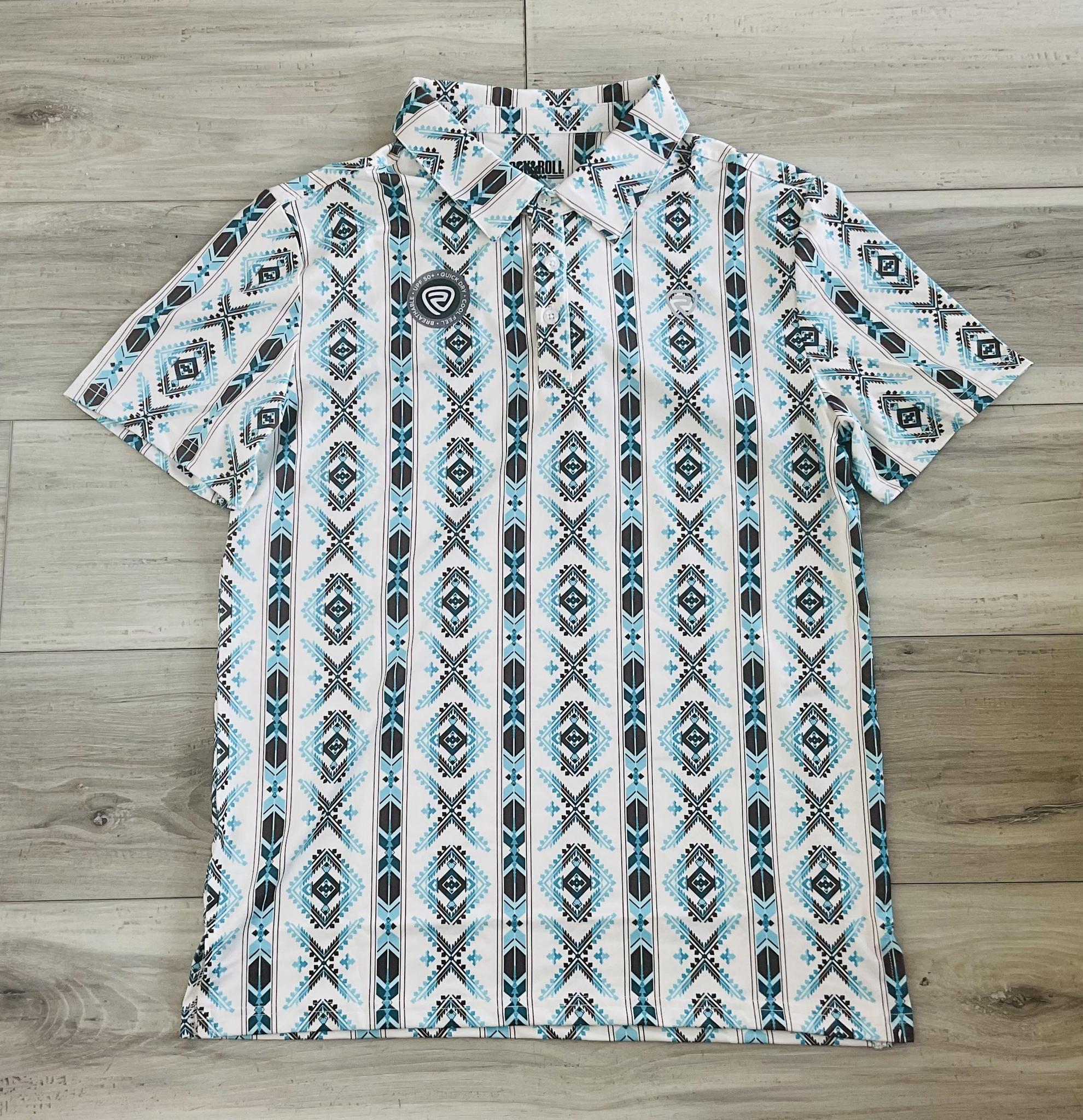 ROCK & ROLL MEN’S TURQUOISE AZTEC PRINTED POLO | BM51T08339
