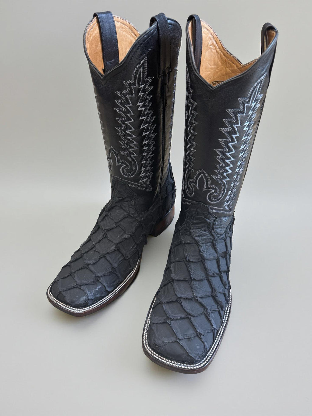 “ Felix “ | ORIGINAL PIRARUCU ( FISH ) MATTE BLACK MEN SQUARE TOE WESTERN BOOTS