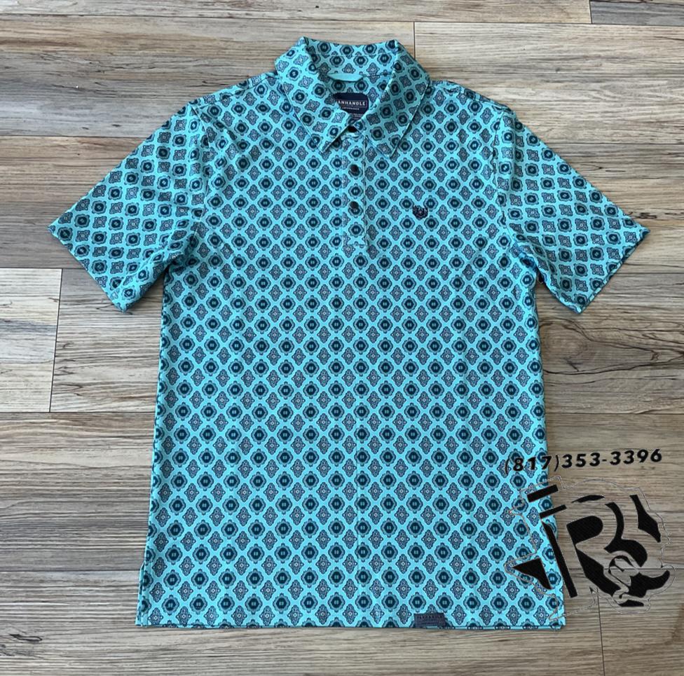 Men’s short sleeve medallion snap turquoise knit polo | TM51T02464