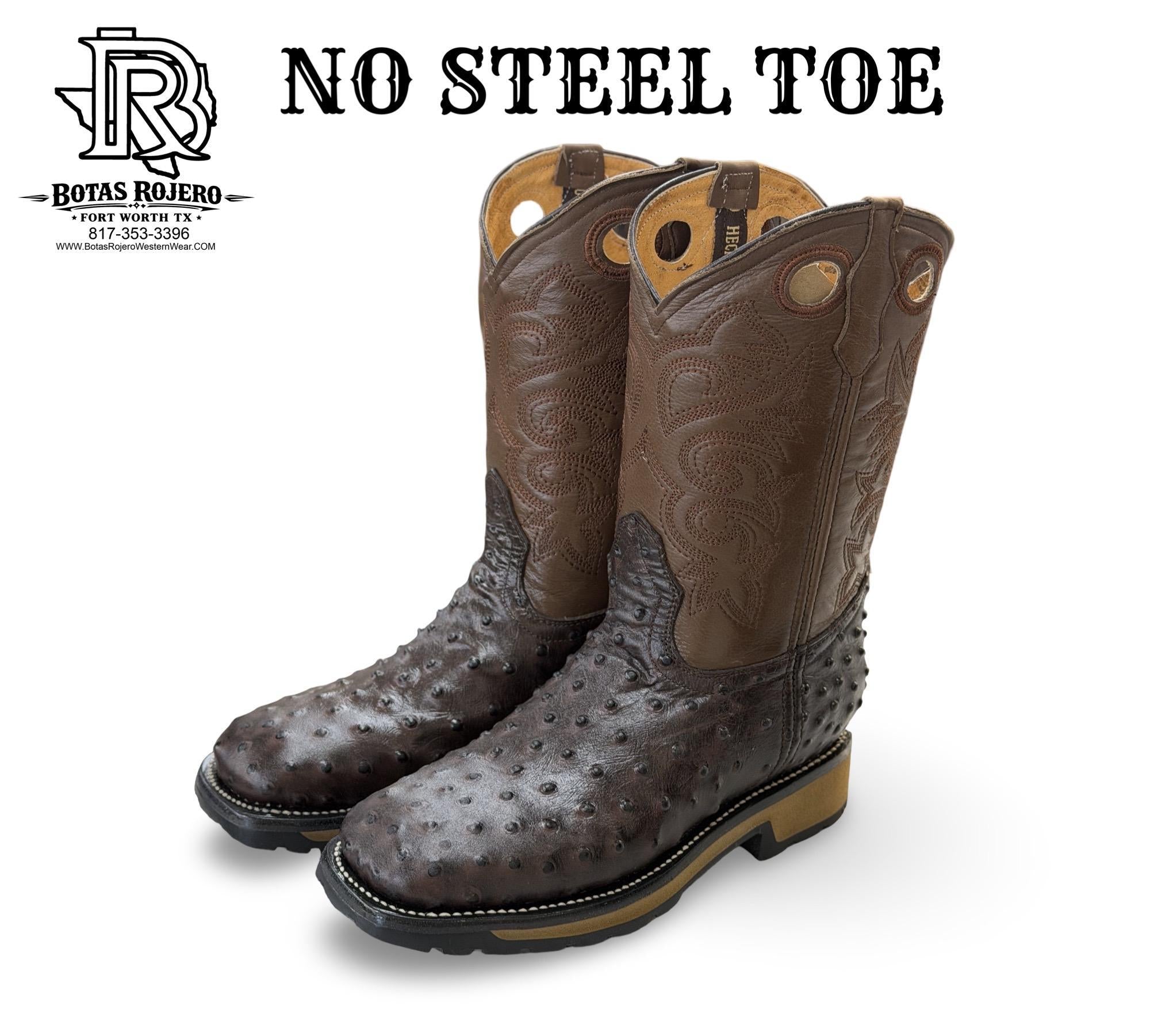 CHOCOLATE OSTRICH PRINT NO STEEL TOE SQUARE TOE WESTERN WORK BOOTS