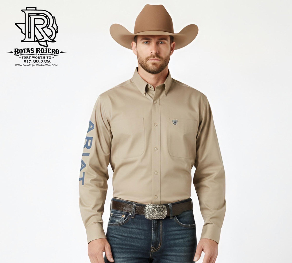 ARIAT MEN’S TEAM LOGO TWILL SAVANNAH TAN NAVY LONG SLEEVE SHIRT | 10079478