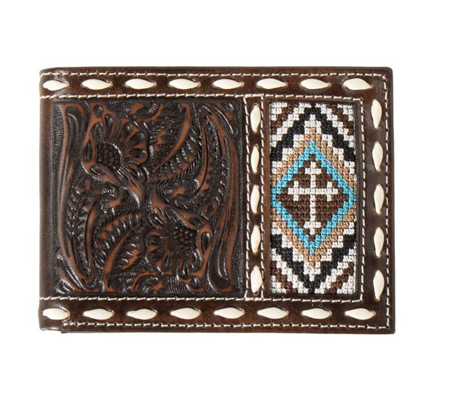 Nocona Wallets Men's Bifold Leather Cross Embroidery Inlay Brown Money Clip | N500044502