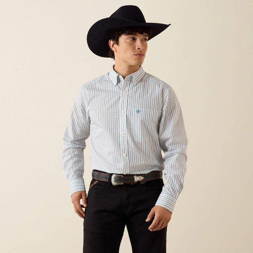 ARIAT MEN’S CROW FITTED WHITE LONGHORN STRIPE LONG SLEEVE SHIRT |10079419