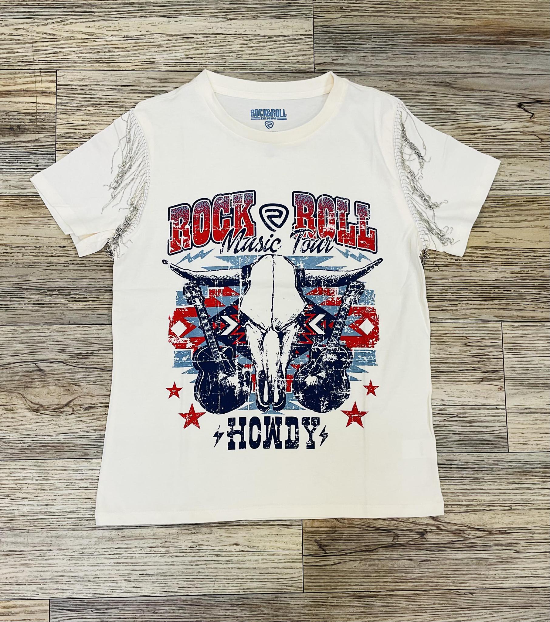 WOMEN’S ROCK & ROLL OFF WHITE CHAIN FRINGE GRAPHIC TEE |BW21T06444