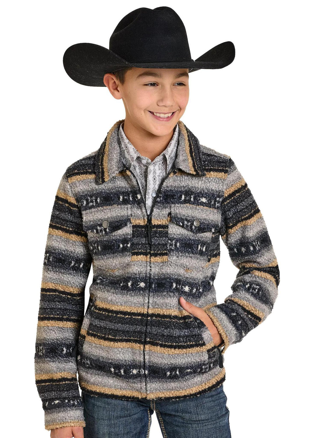 Boys’ Aztec Berber Fleece Jacket – Black/Tan/Gray (Zip-Up) | DB92C06191