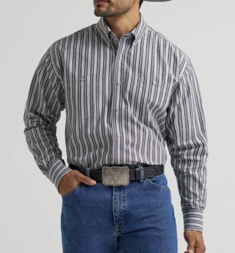 WRANGLER MEN’S GEORGE STRAIT GREY STRIPE LONG SLEEVE SHIRT  |112385355