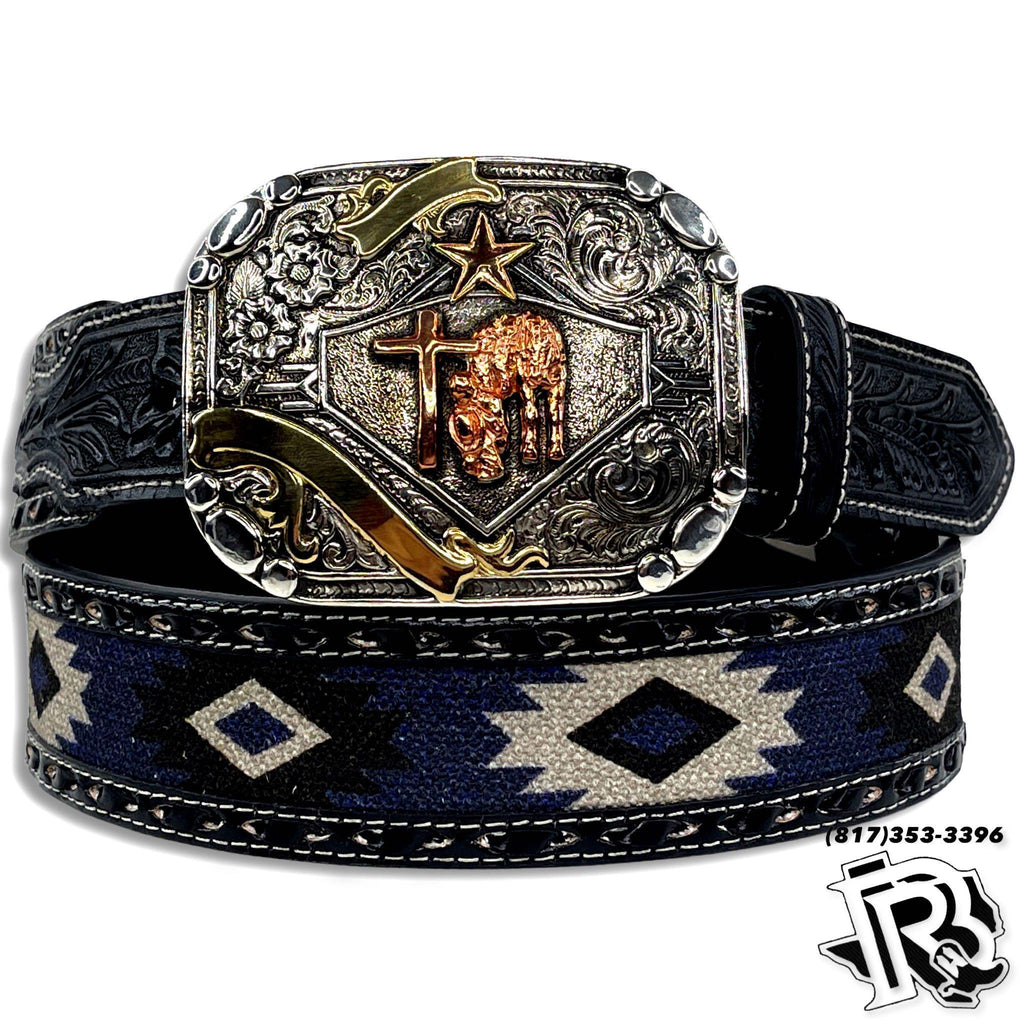 “ BLUE AZTEC “  | MEN WESTERN COWBOY BELT SOUTHWESTERN FABRIC BUCK STITCH N210002706