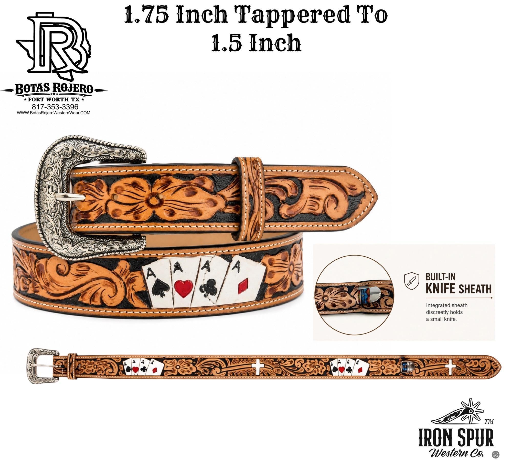 “ GEO FOUR ACES “  | 1.75 INCH IRON SPUR  WESTERN BELT TOOLED LEATHER
