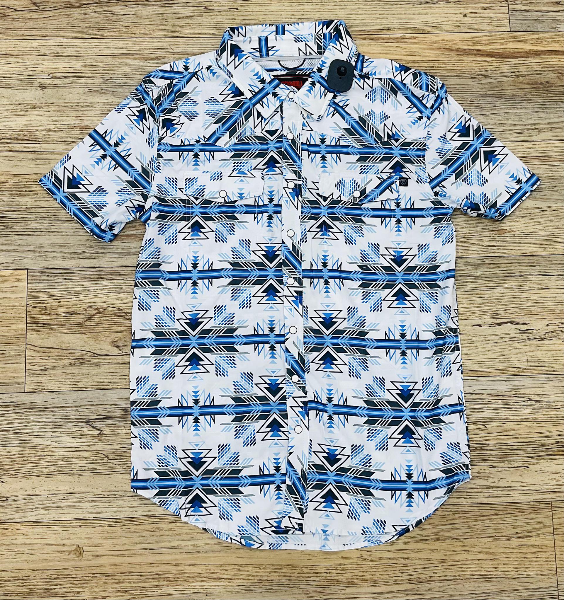 Mens Rock & Roll TEk Short Sleeve 2 pkt Aztec Snap Blue shirt | BMN3S04218