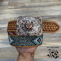 “ HORSE SHOE BULL SKULL “ | | WESTERN SQUARE BUCKLE TOOLED DESIGN buckle only
