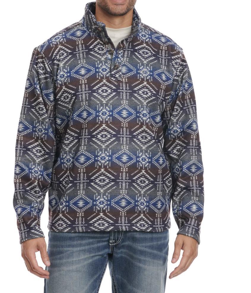 Ariat Men's Wesley Jetty Grey Dark Olive & Navy Aztec 1/4 Button Sweater Pullover| 10046145
