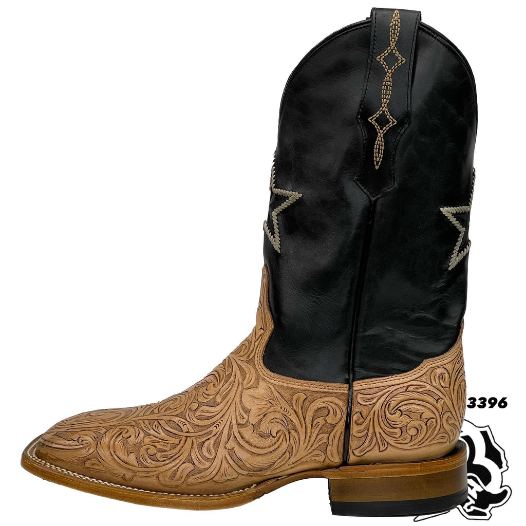 Handmade Tooled Leather Square Toe Boots – Natural Finish | Men’s Roper Heel