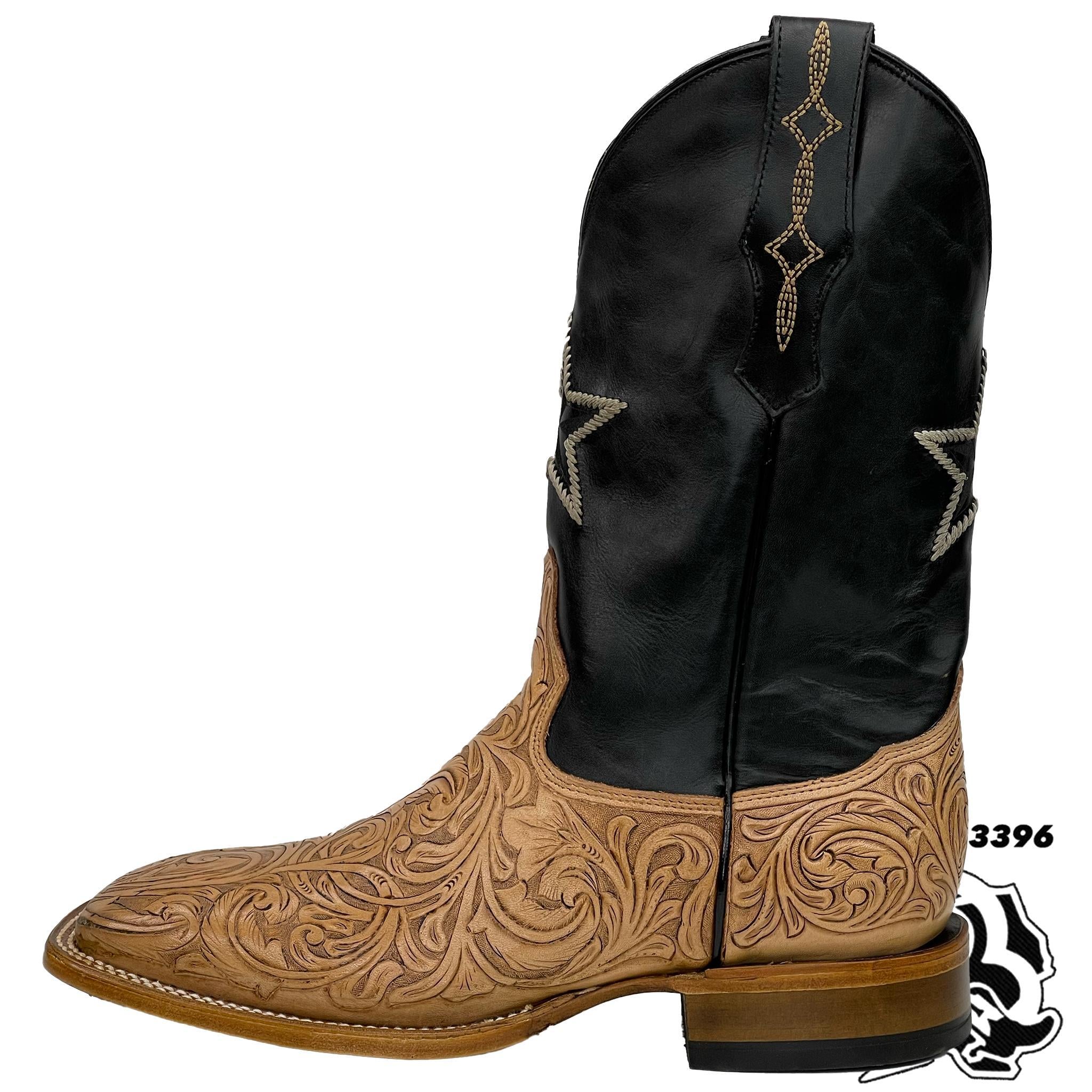 Handmade Tooled Leather Square Toe Boots – Natural Finish | Men’s Roper Heel