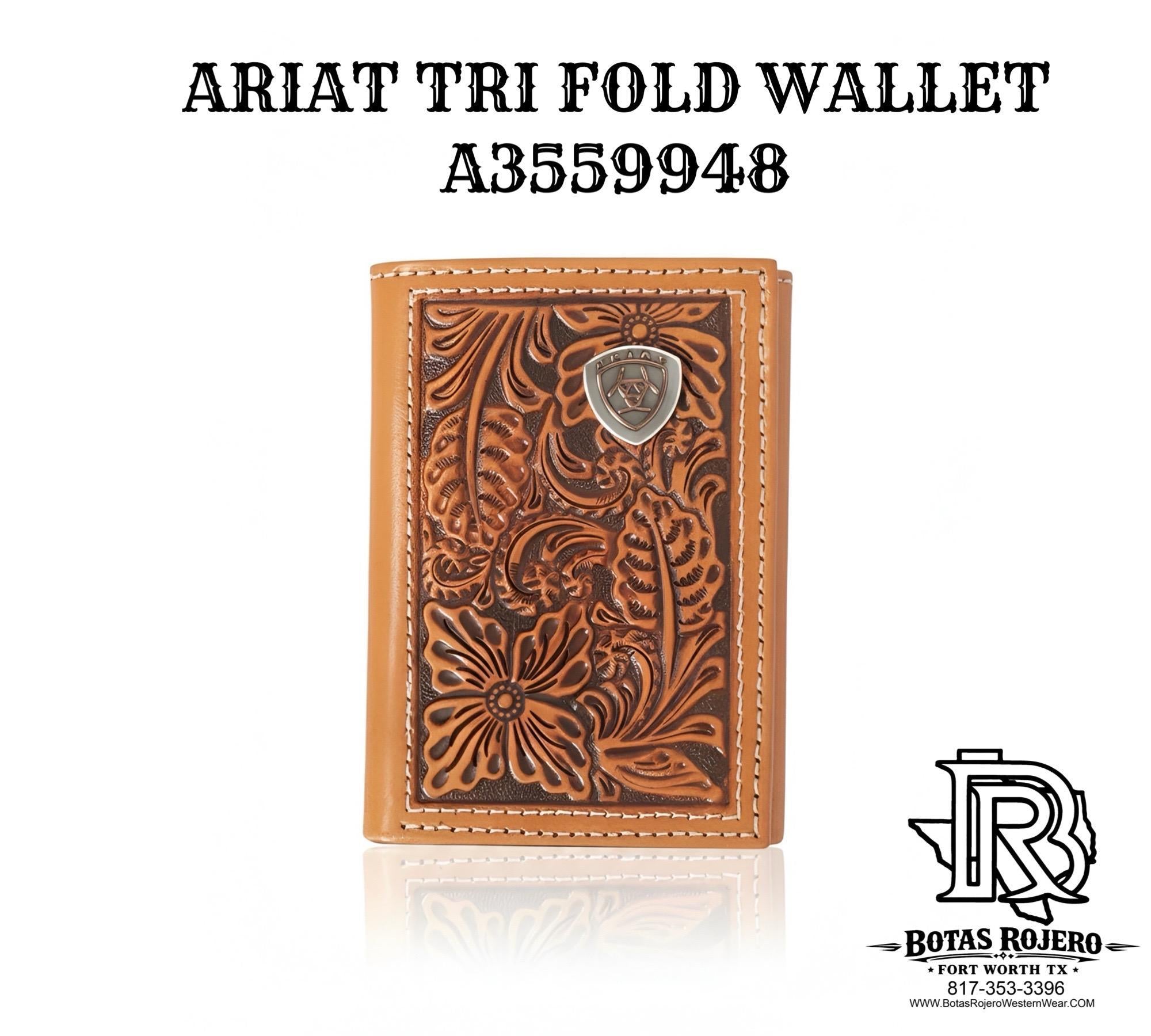 ARIAT MENS TRIFOLD STYLE WALLET FLORAL EMBOSSING LOGO NATURAL A3559948