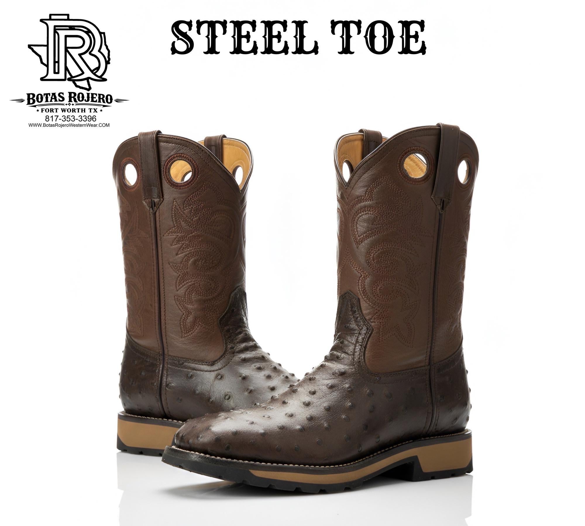STEEL TOE CHOCOLATE OSTRICH PRINT SQUARE TOE WESTERN WORK BOOTS