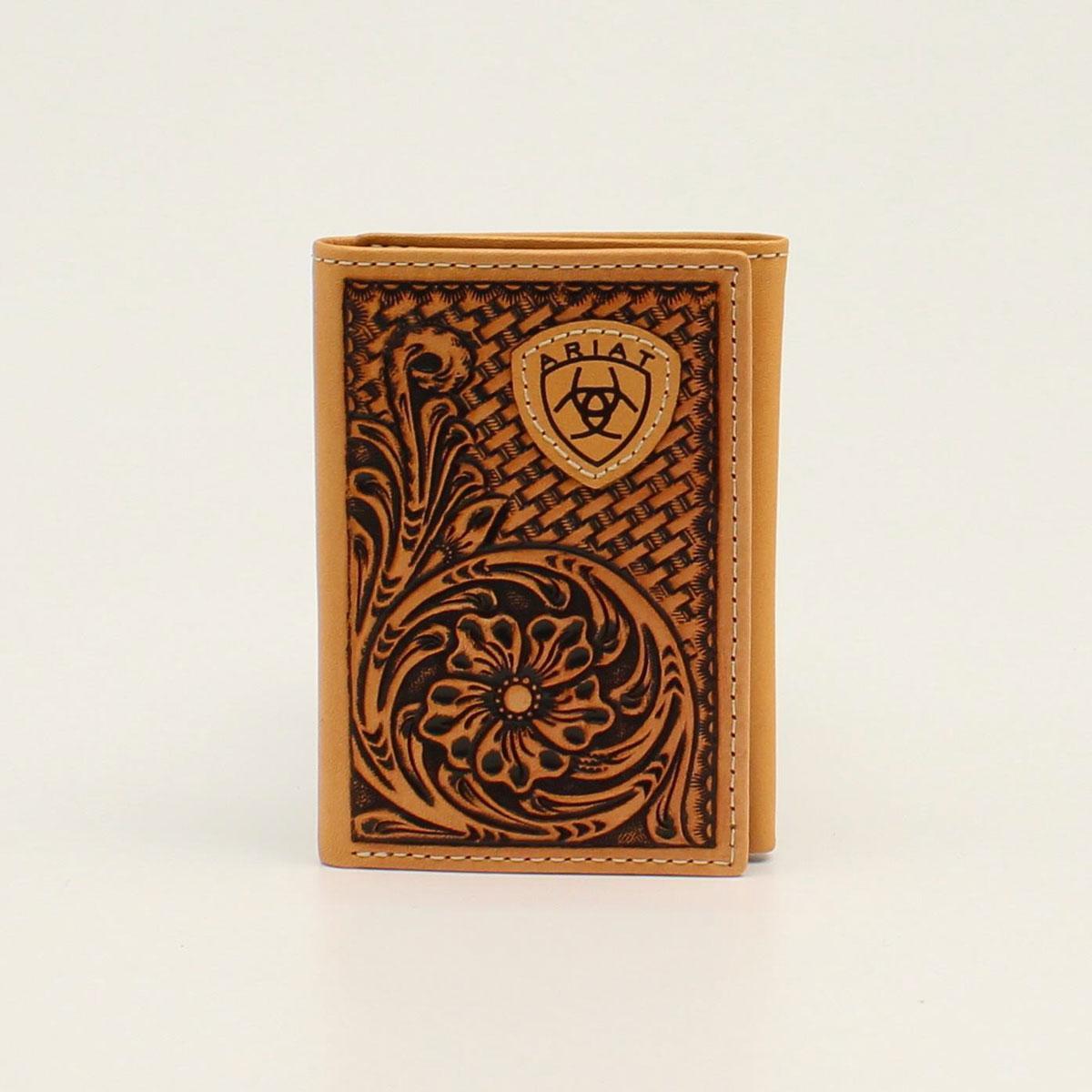 ARIAT TRIFOLD BASKET WEAVE FLORAL EMBOSSING LOGO TAN
