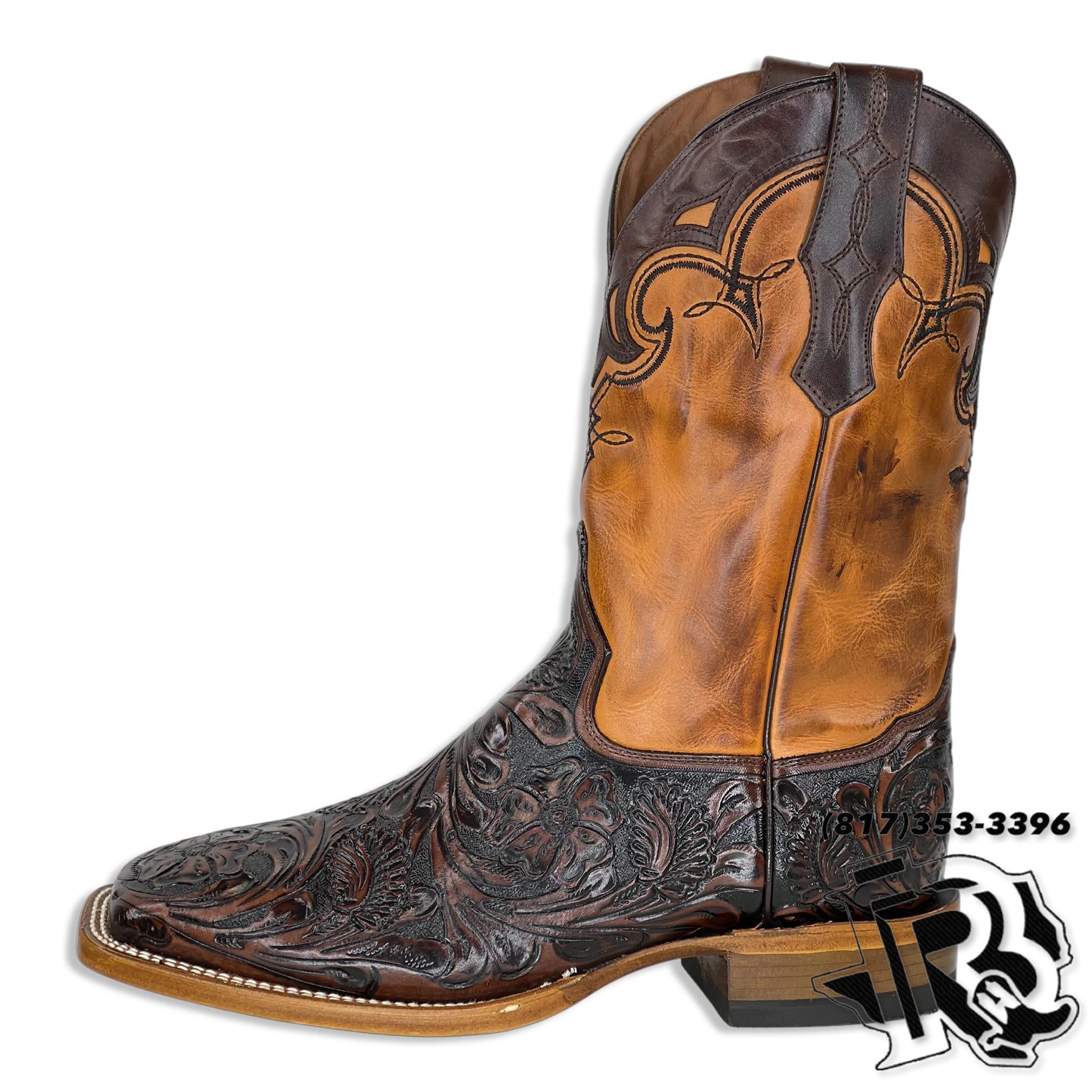 TOOLED LEATHER BROWN | HANDMADE TOOLED MEN SQUARE TOE MEN BOOTS