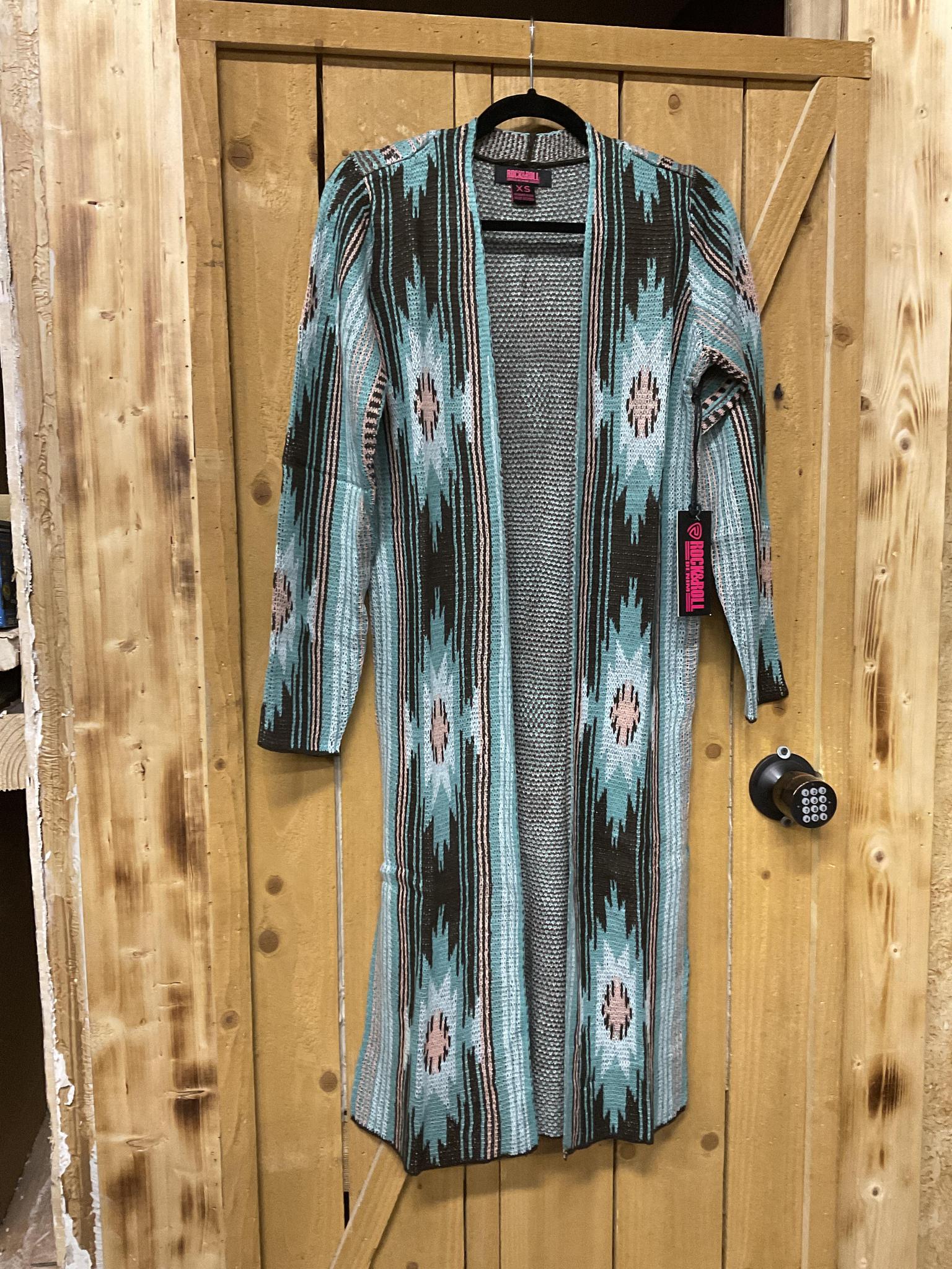 WOMENS AZTEC  SWEATER DUSTER LIGHT TURQUOISE ROCK & ROLL |RRWT95R04NT