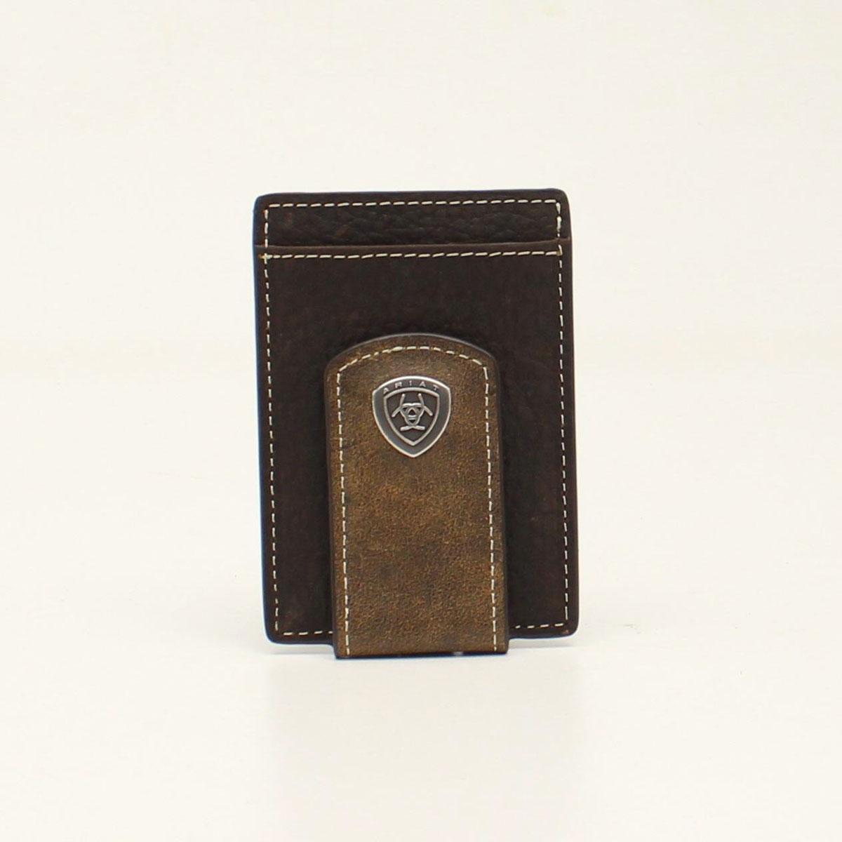 ARIAT CARD CASE MONEY CLIP DIAGONAL SHIELD CONCHO BROWN