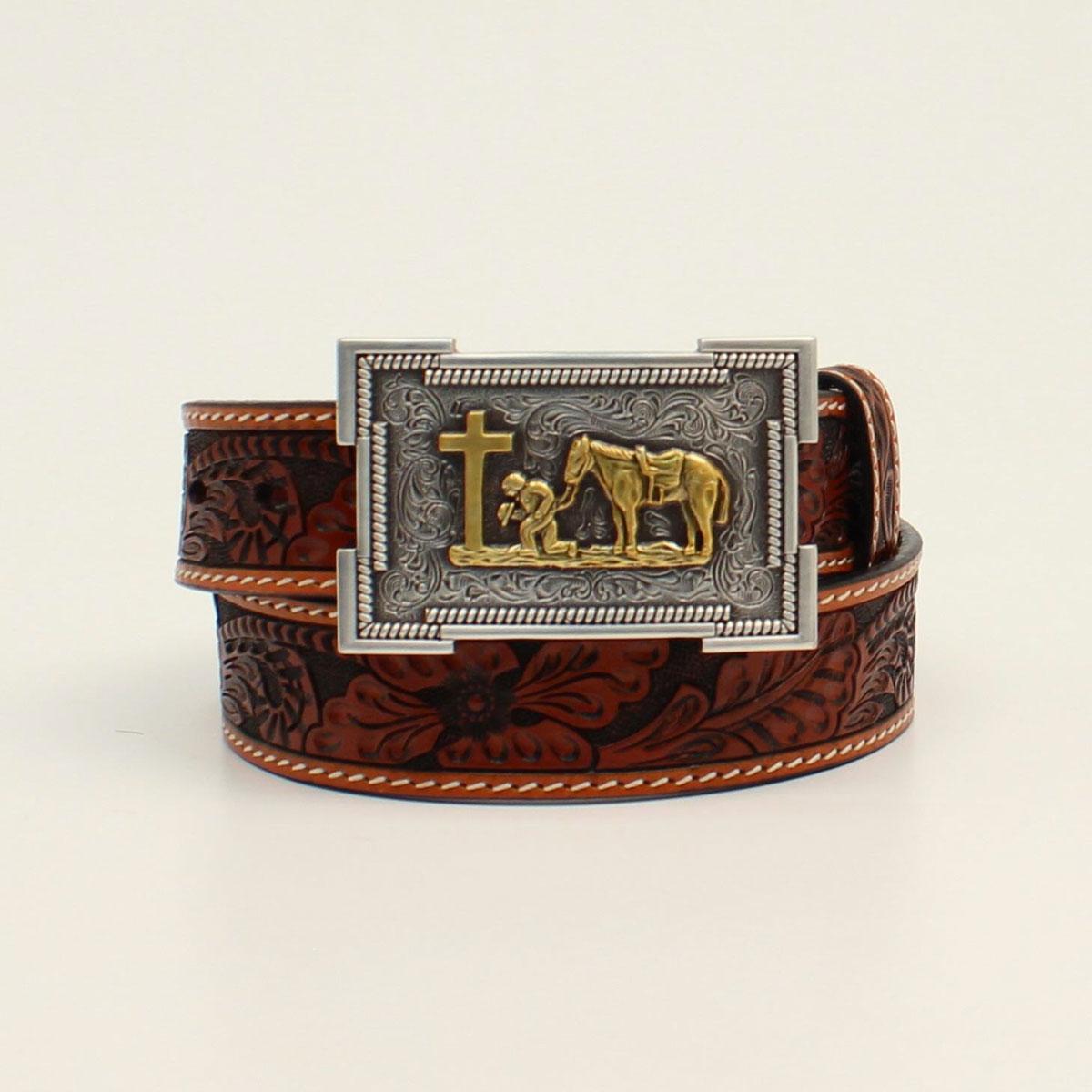 3D BOYS BELT 1 1/4 FLORAL TOOLED COWBOY PRAYERS TAN (D120001808)
