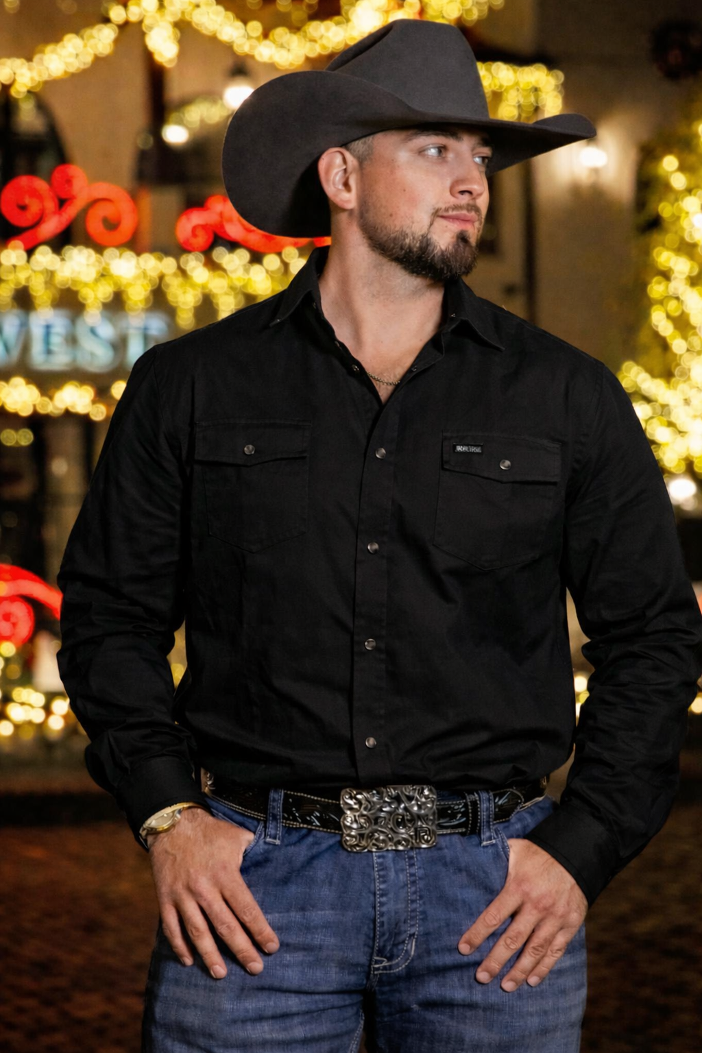 IRON SPUR | Men’s Black Western Pearl Snap Long Sleeve Shirt