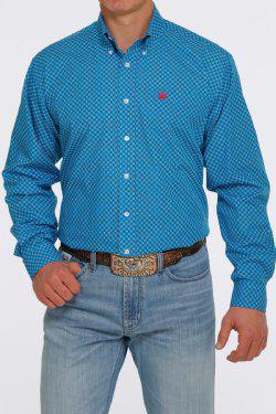 MEN'S GEOMETRIC PRINT BUTTON-DOWN WESTERN SHIRT - BLUE / WHITE  (MTW1105404)