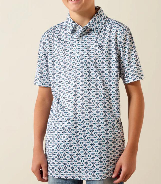 KIDS ARIAT WHITE SOUTHWEST SPACE  PRINT POLO |10071206