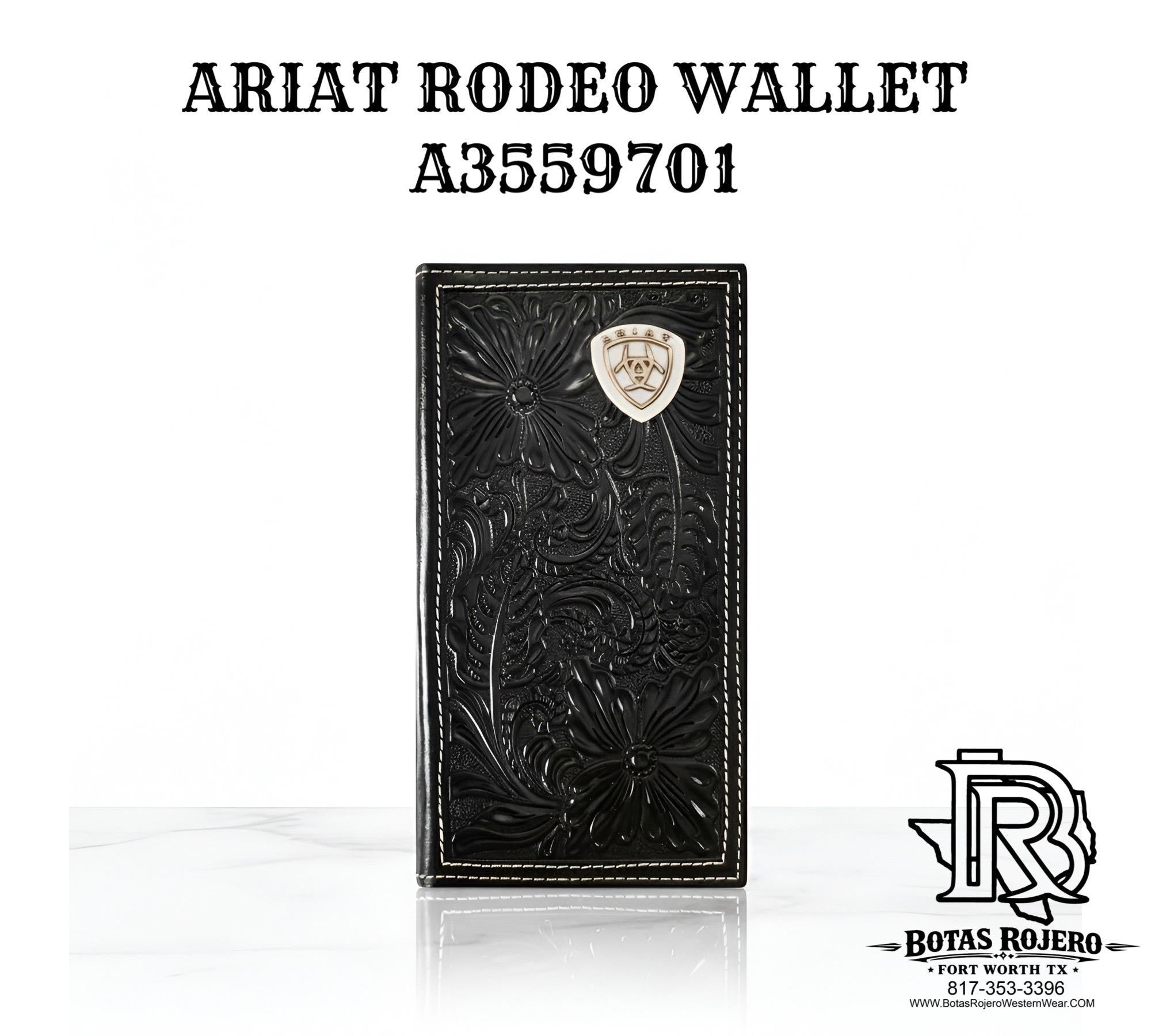 Ariat Western Mens Wallet Rodeo Leather Embossed Floral Concho Black |A3559701