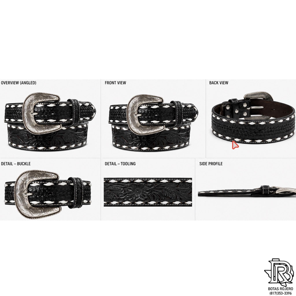 ARIAT MEN BELT BLACK BUCK STITCH TOOLED 1.75 INCH TAPPERED TO 1.5 INCH A1033001